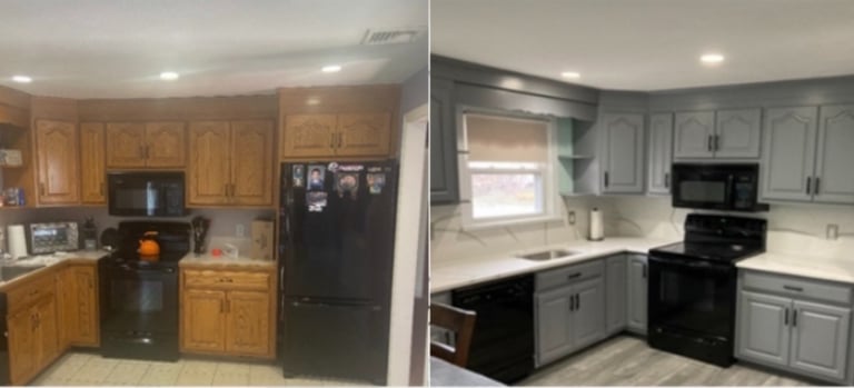 Before & after transforming outdated kitchen cabinets in Marshfield, MA.
