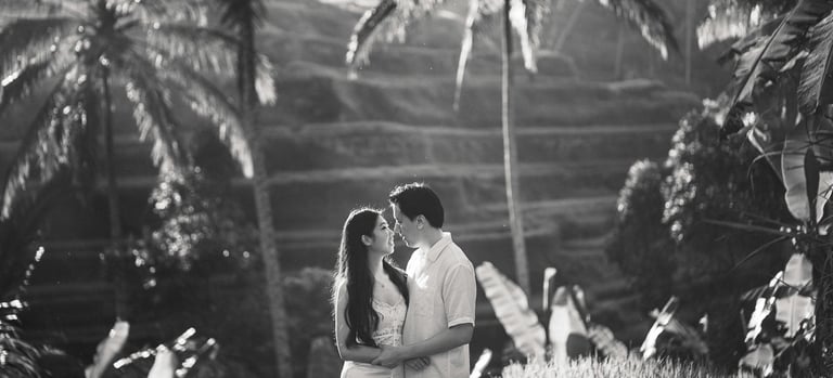 Romantic couple photography session in Ubud Bali, intimate cinematic couple portrait in nature