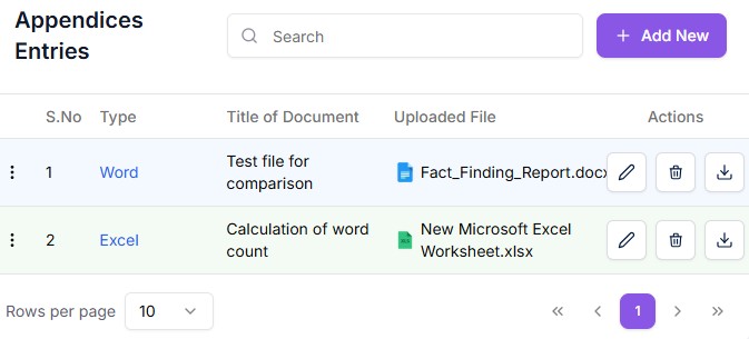 A web interface dashboard showing a table of uploaded Word and Excel document entries.