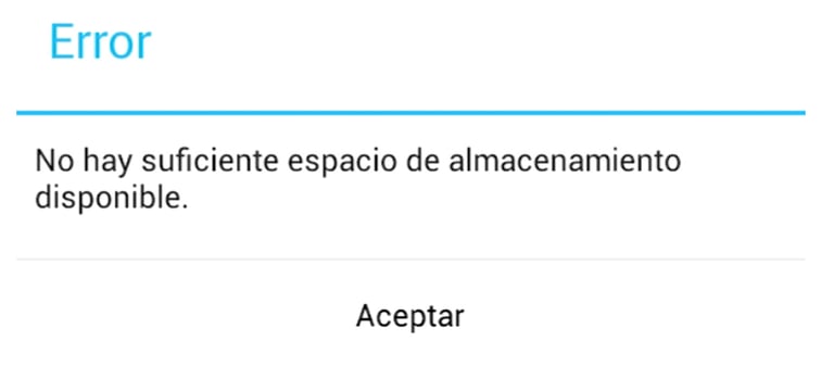screenshot the un mensaje de almacenamiento lleno de un móvil con sistema Android