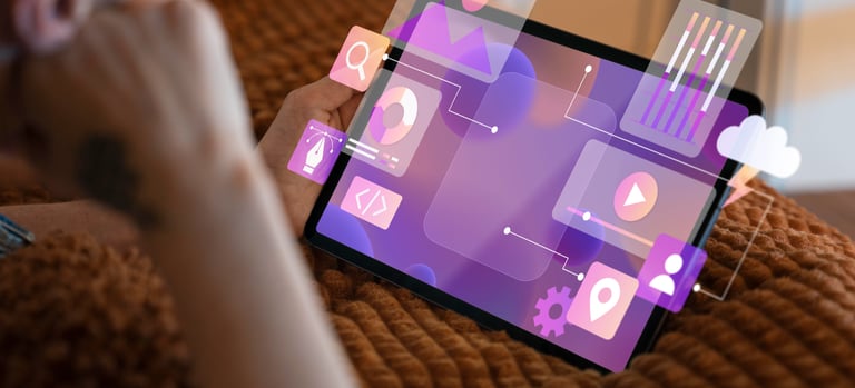 Pessoa olhando para a tela de um tablet com diversos gráficos