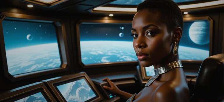 a woman in a spaceship - like vehicle driving through a space station