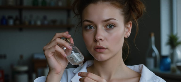 a woman in a white shirt holding a bottle of water