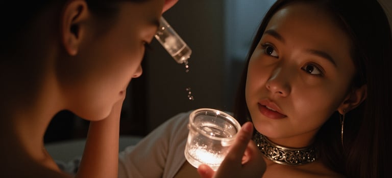 a woman is looking at a glass of water