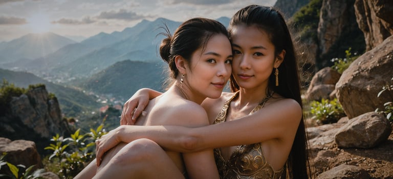 two women sitting on a rock wall with mountains in the background