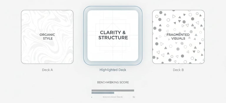 Investor-style comparison of pitch decks focusing on clarity and differentiation rather than design.
