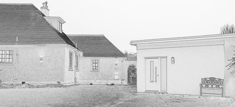 Pencil sketch illustration of a modern luxury home exterior with a detached garage and iron garden bench.