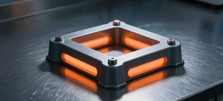 Clinical laboratory environment with a steel test bench holding a geometric boundary stabilizer, harsh shadows, safety-orange light-pipe accents, industrial product photography