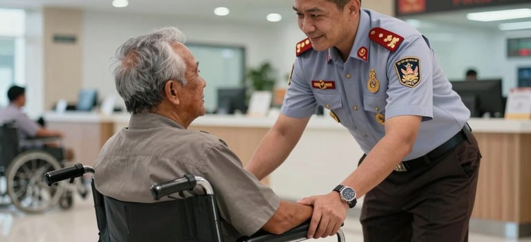 A friendly Indonesian immigration officer assisting an elderly citizen in a wheelchair inside a bright, modern service hall, respectful interaction