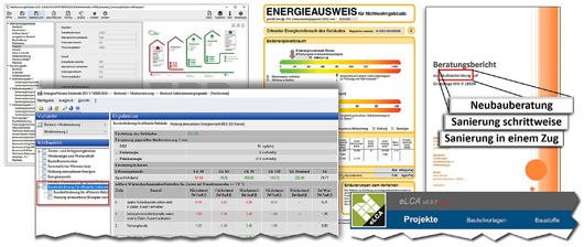 „Energieberater arbeitet mit Unterlagen und Software am individuellen Sanierungsfahrplan.“