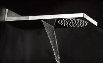 Modern wall-mounted chrome rain shower head with waterfall spout feature against a dark background.
