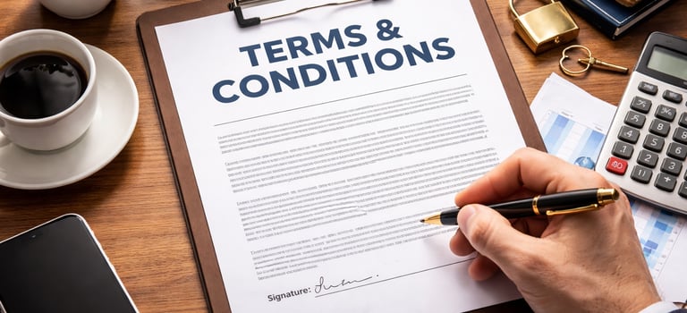 Hand signing a legal terms and conditions contract document on a wooden office desk.