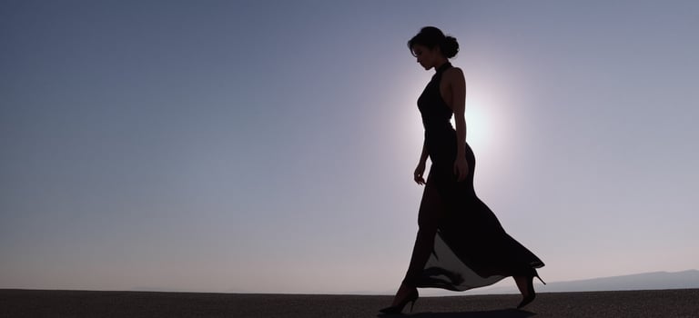 a woman in a long dress walking on a beach