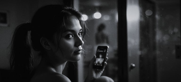 a woman with a cell phone in a black and white photo