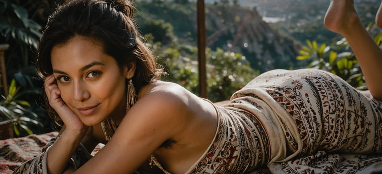 a woman laying on a bed with her feet up