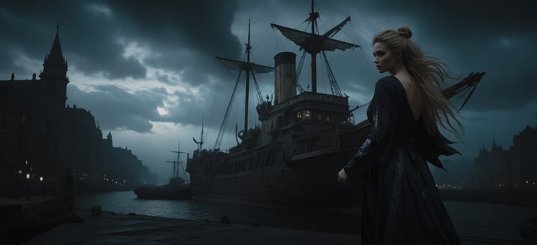 a woman in a black dress standing in front of a ship