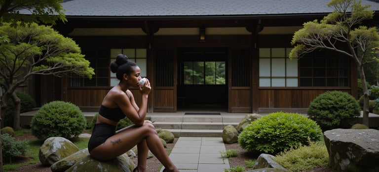 a woman sitting on a rock in a japanese style house