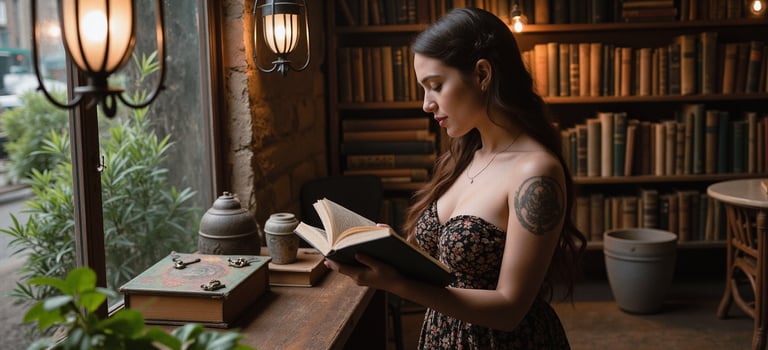 a woman is reading a book in a library