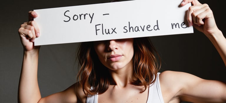 a woman holding a sign that says sorry - flux shaved me