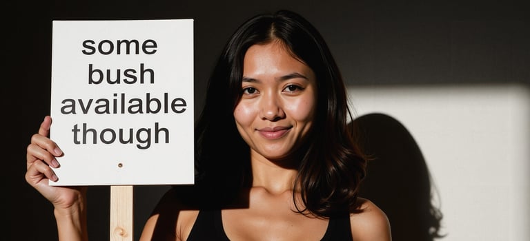a woman holding a sign that says some bush available though