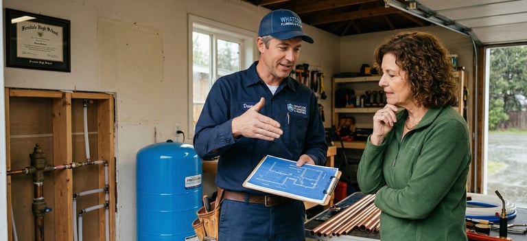 Professional plumber explaining a blueprint to a customer during a home service consultation.