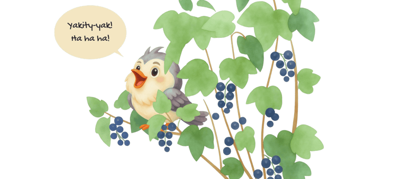 Image of RayPete the cartoon mockingbird laughing in a berry bush