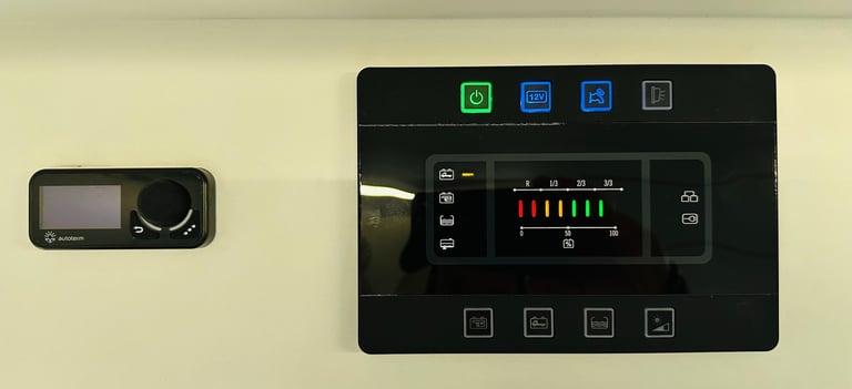 Cuadro eléctrico de una camperización de furgonetas con instalación de placas solares y reguladores 
