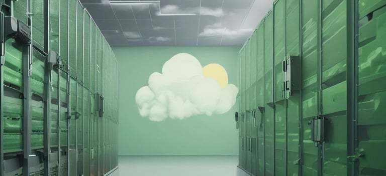 A cloud server with digital data streams flowing.