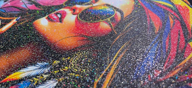 a picture of a woman with a colorful painting on it