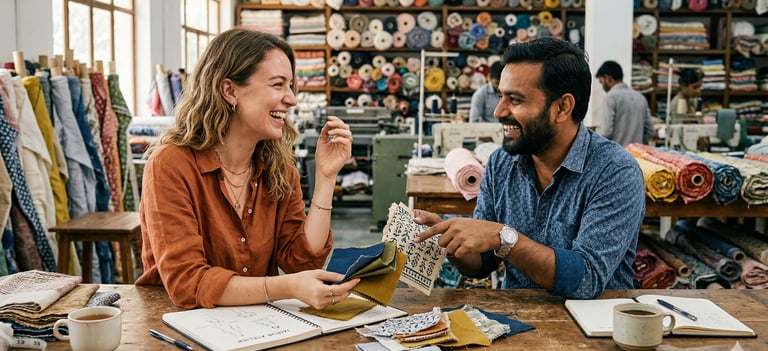 B2B fashion brand founder meeting clothing manufacturer in India for private label clothing production partnership