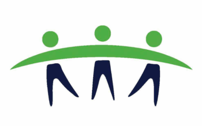a group of people standing around a green logo
