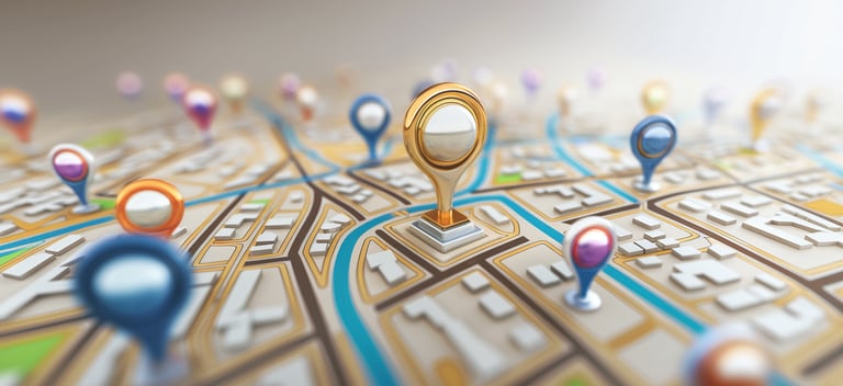 a map of a city with pins and pins on it, with a big main pin in the middle