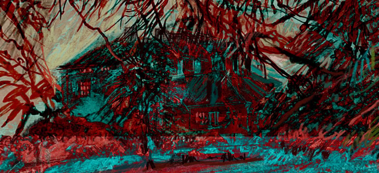Digital collage - Dumfries House through the trees