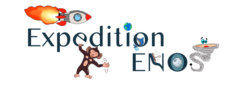Expedition ENOS space adventure logo featuring a rocket ship, monkey, and cosmic elements.