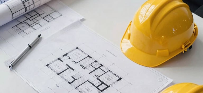 An overhead flat-lay photograph of professional architectural blueprints and a yellow hard hat on a clean white desk in a modern Latin American / Spanish office, minimalist composition, Deep Midnight Blue accents.