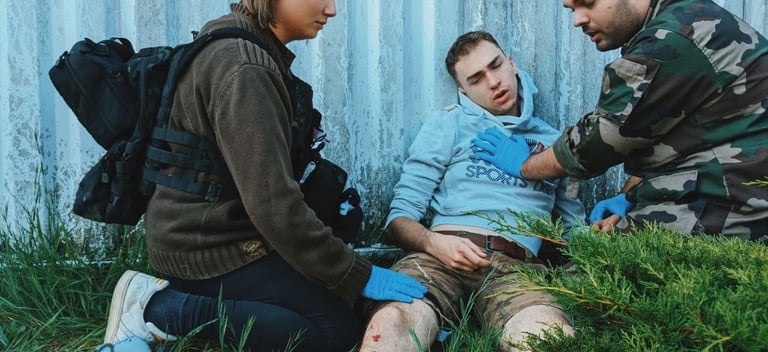 Emergency first responders providing tactical medical aid to an injured person with a leg wound.