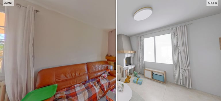 Une visualisation 3d avant, après pour ce service de home staging virtuel