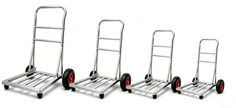 Four industrial aluminum hand trucks in different sizes with pneumatic wheels for heavy lifting.