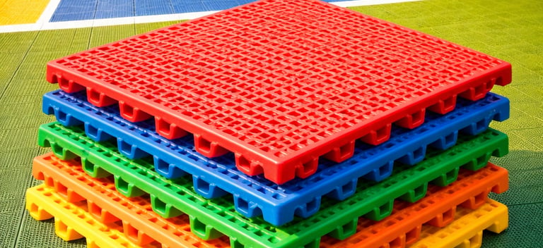 Stack of colorful interlocking modular sports tiles on an outdoor multi-use court surface.