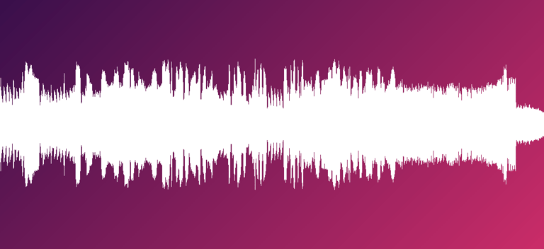 Weißes Audio-Wellen-Icon zur Darstellung einer Tonspur auf einem violett-pinken Farbverlaufs