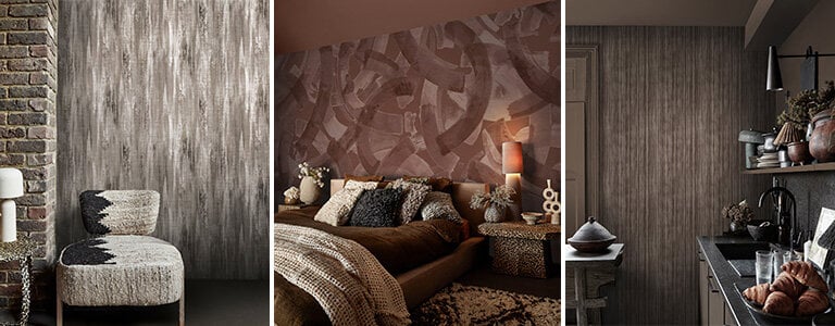 Modern textured wallpaper designs for bedroom and kitchen walls in earthy brown tones.