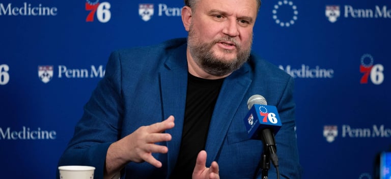 Daryl Morey during a press conference for the 76ers