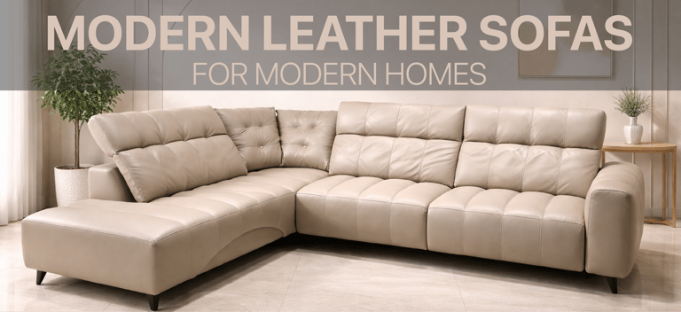 Contemporary beige leather l-shaped sectional sofa in a bright modern living room setting.