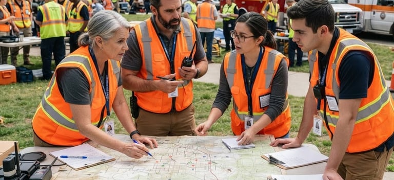 Wide-angle documentary shot of community volunteers in high-visibility orange vests collaborating over a map during an active daytime emergency drill, bright natural daylight, sharp focus.