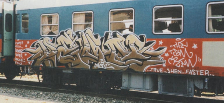 Graffiti on train wagon — European writing culture street art Kende urban background