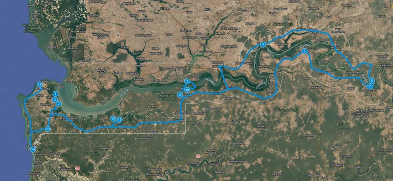Route map  Gambia: 15-Day Bird Photography – Maximum Species Diversity