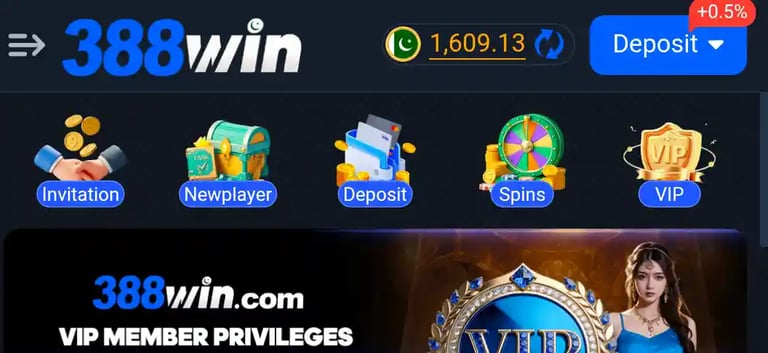 388Win Game Play interface featuring VIP Membership, referral rewards, and slot games on Android.