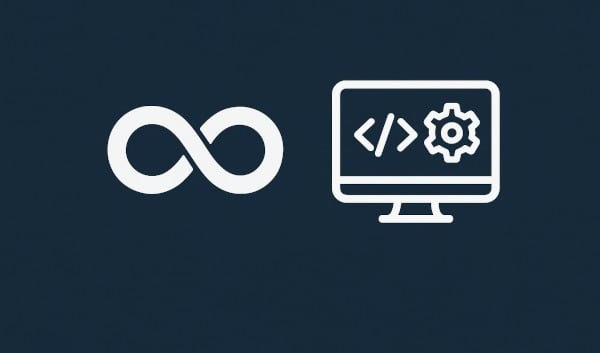 White DevOps infinity loop icon and computer monitor with code and gear icons on a dark blue background.