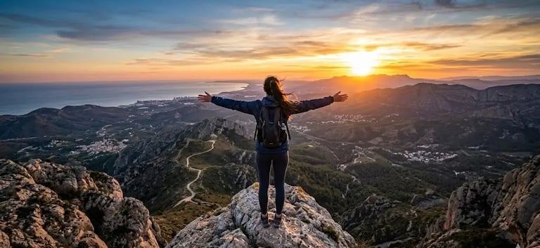une femme au sommet d'une montage les bras en croix