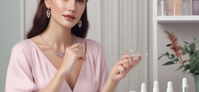 A neatly arranged collection of luxury skincare products placed inside an elegant white leather bag. The items are set against a backdrop of fashion magazines on a wooden surface, giving a sense of sophistication and style.